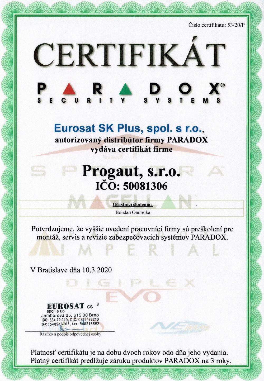 Certifikát PARADOX